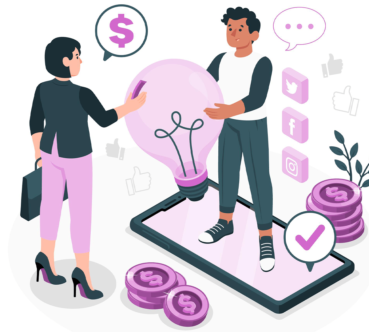 A picture depicting the concept of an idea and guidance, where a woman is handing a light bulb to a man, symbolizing an example of guidance.