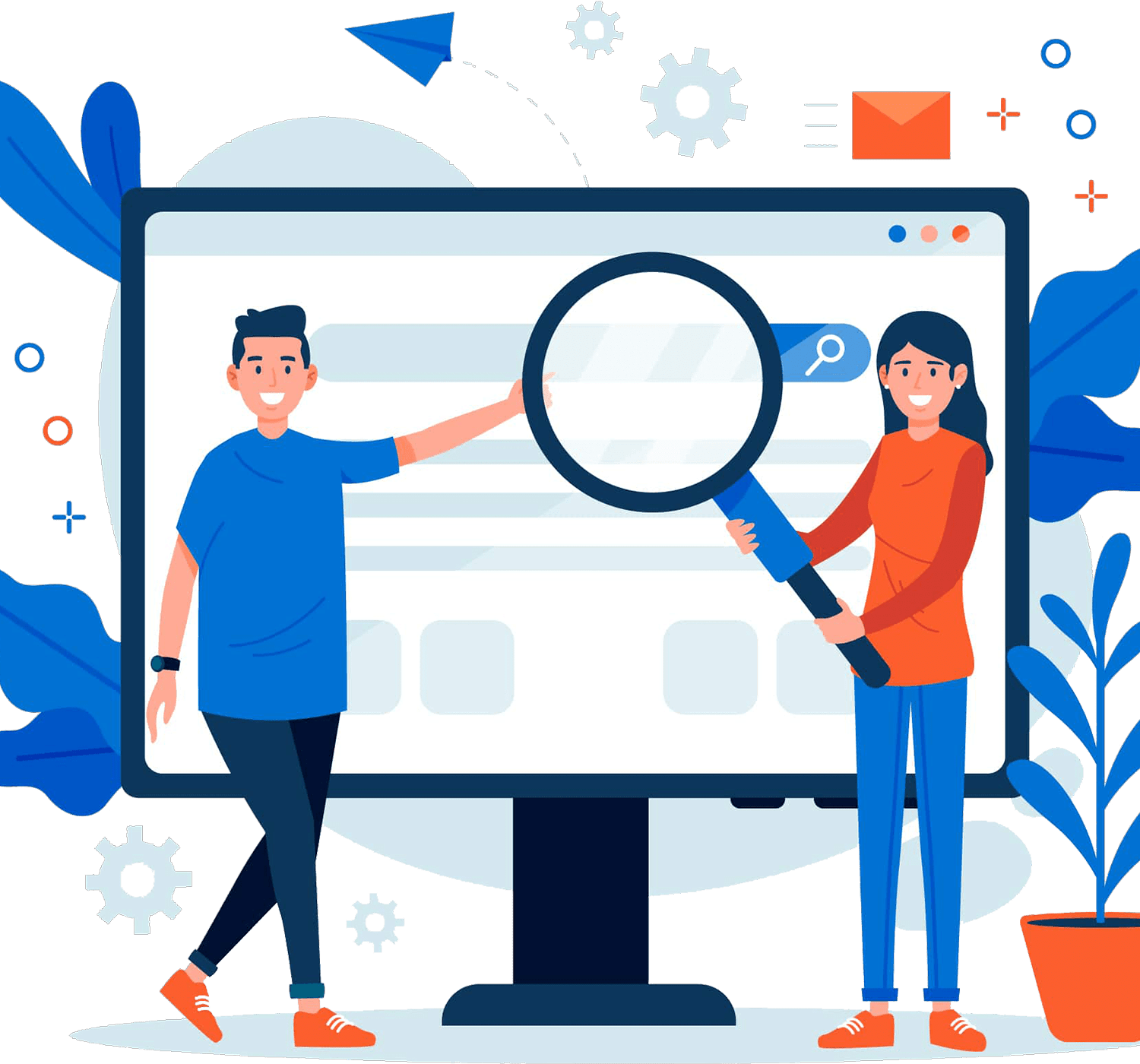 Illustration of a man and woman standing in front of a large computer screen. The woman holds a magnifying glass while the man points towards the screen, symbolizing the process of searching or finding information.